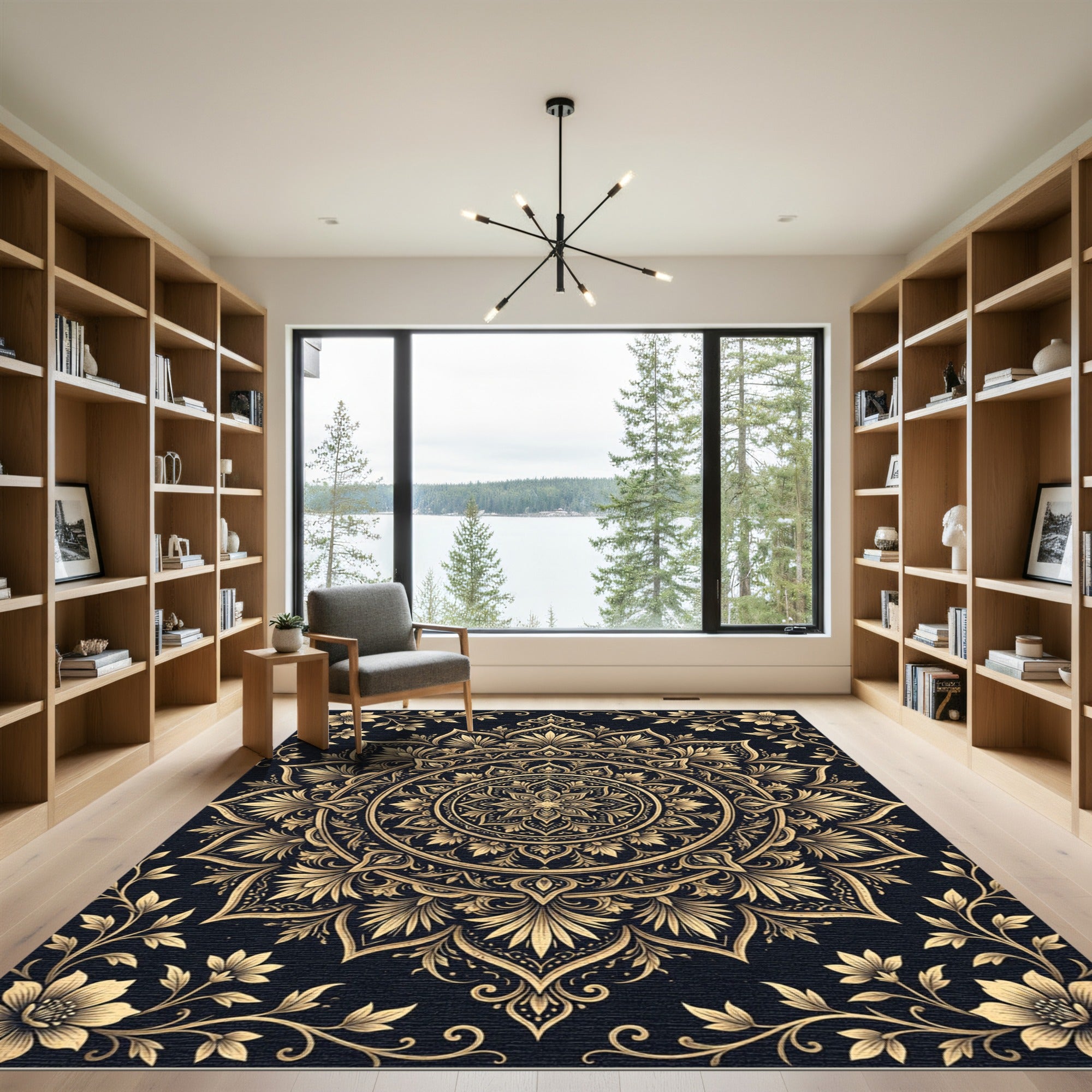Elegant Gold Floral Mandala Midnight Rug
