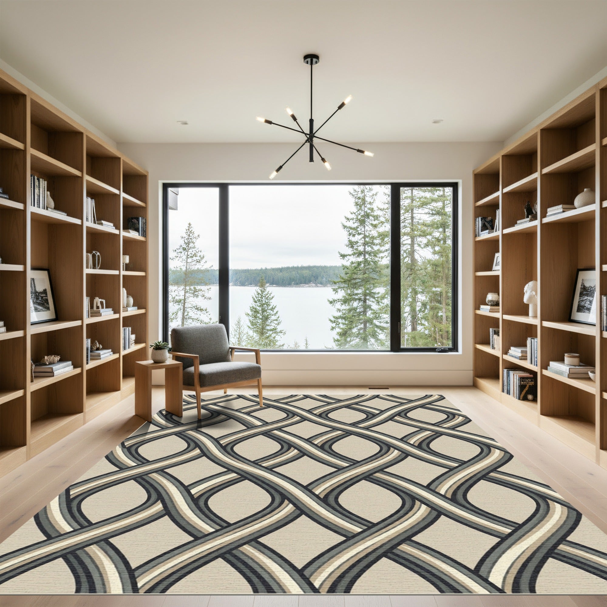 Modern Taupe Interlocking Geometric Wavy Weave Rug