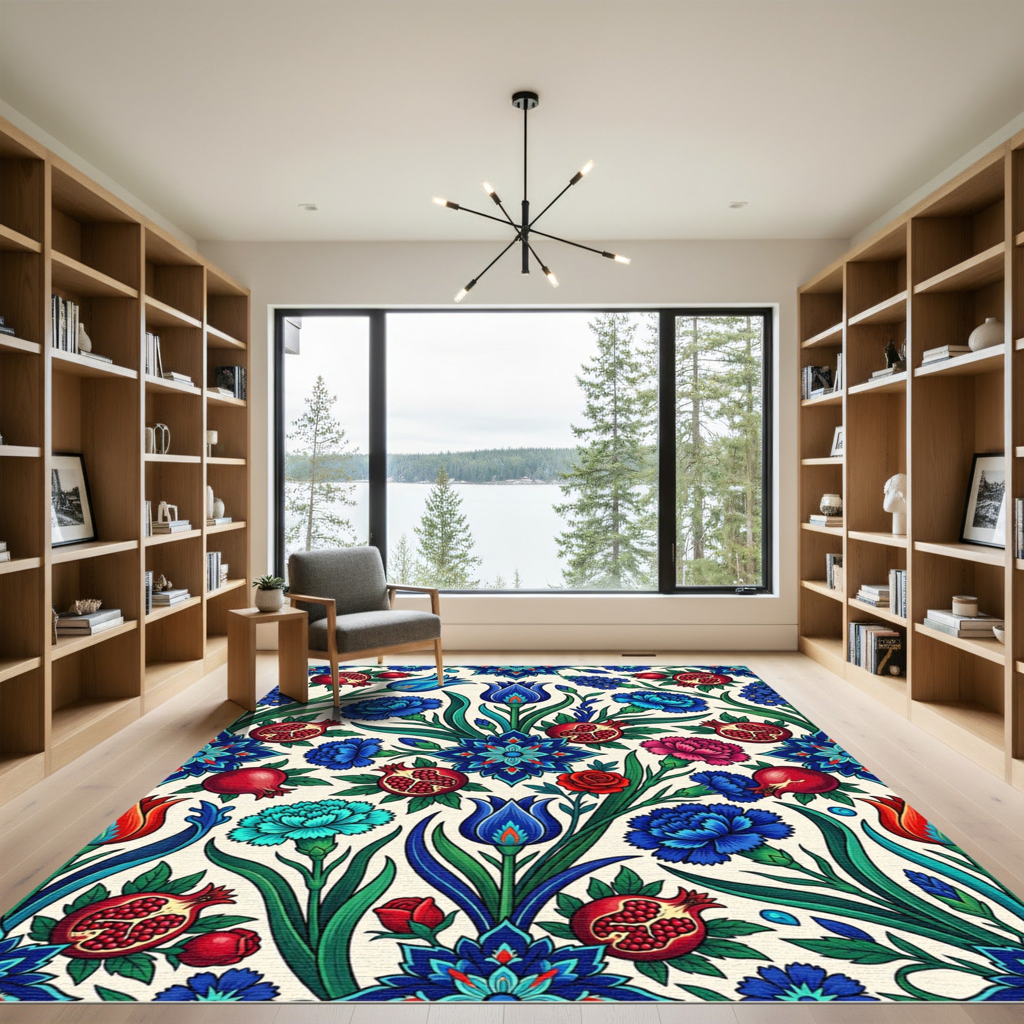 Crimson Pomegranate Blue Floral Composition Rug