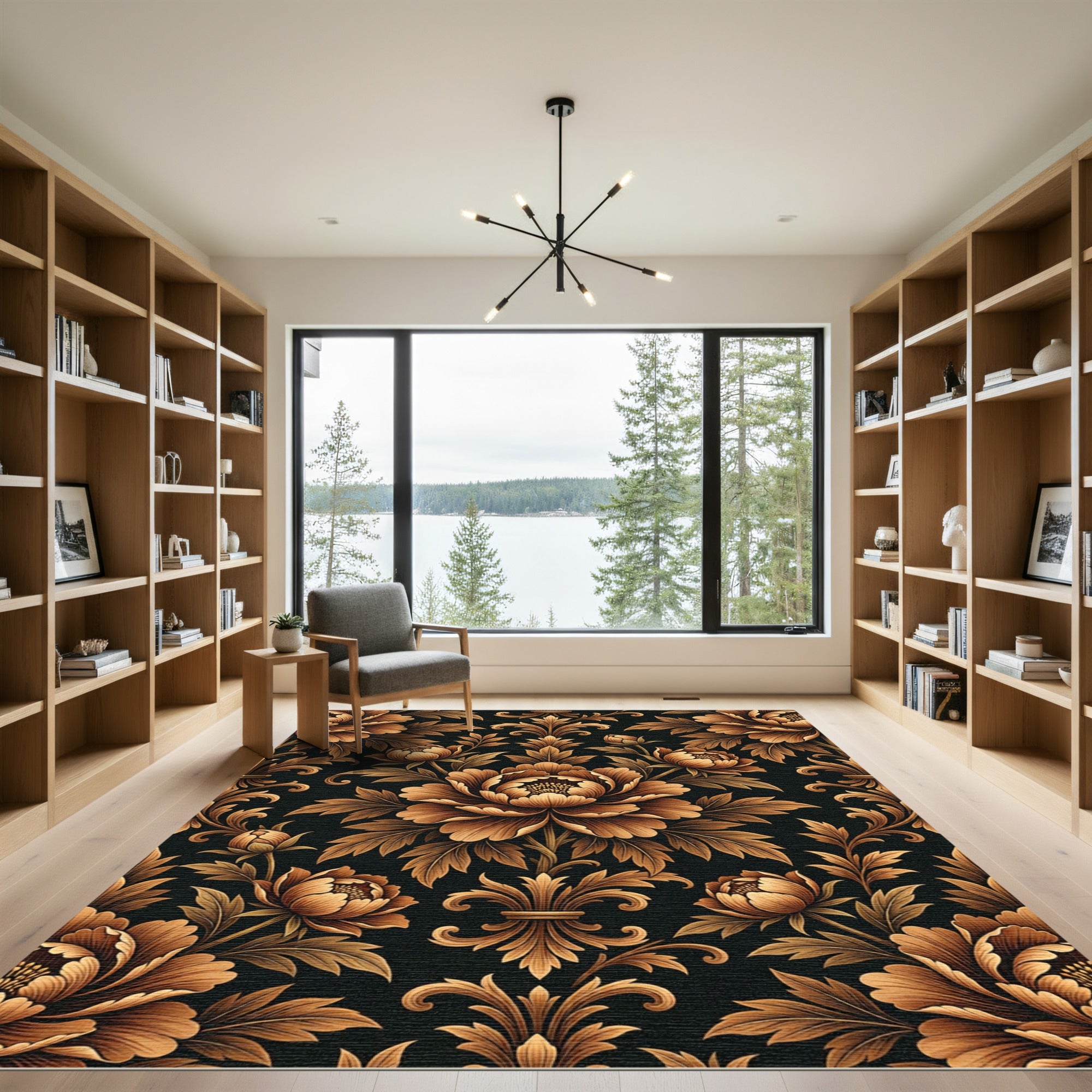 Elegant Bronze Peony Scroll Wallpaper Rug
