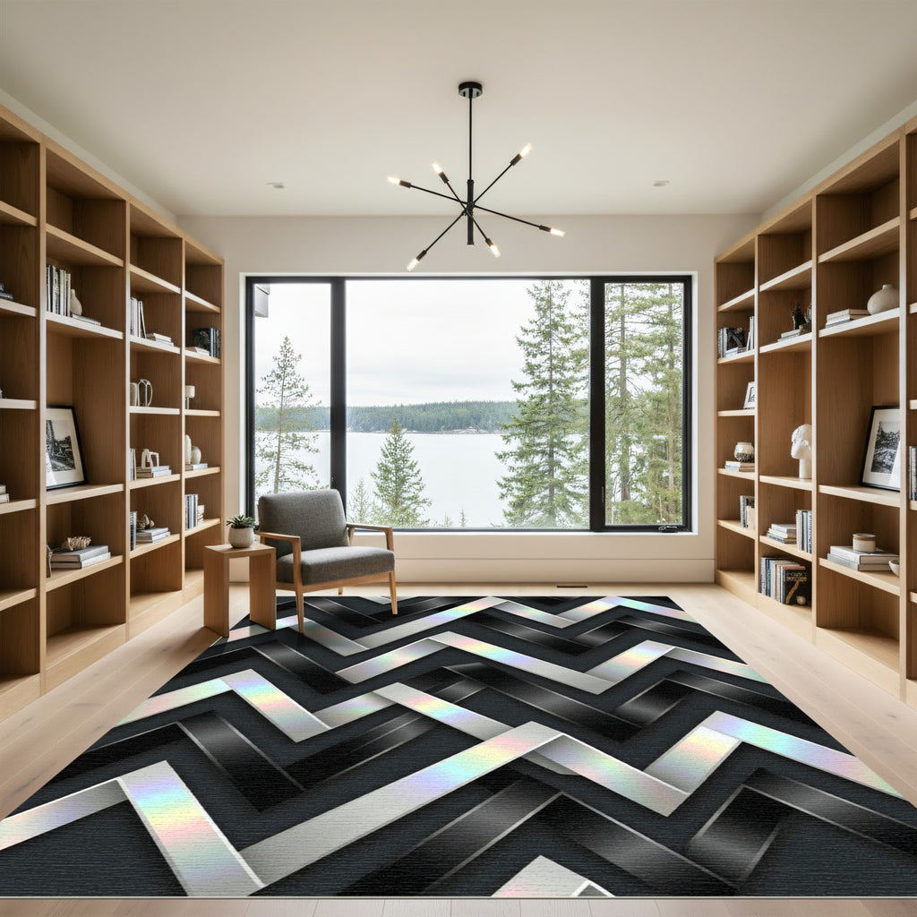 Monochrome Iridescent Metallic Zigzag Graphic Rug