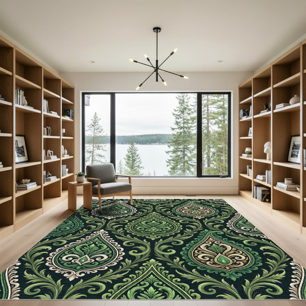 Emerald Green Ornamental Paisley Damask Rug