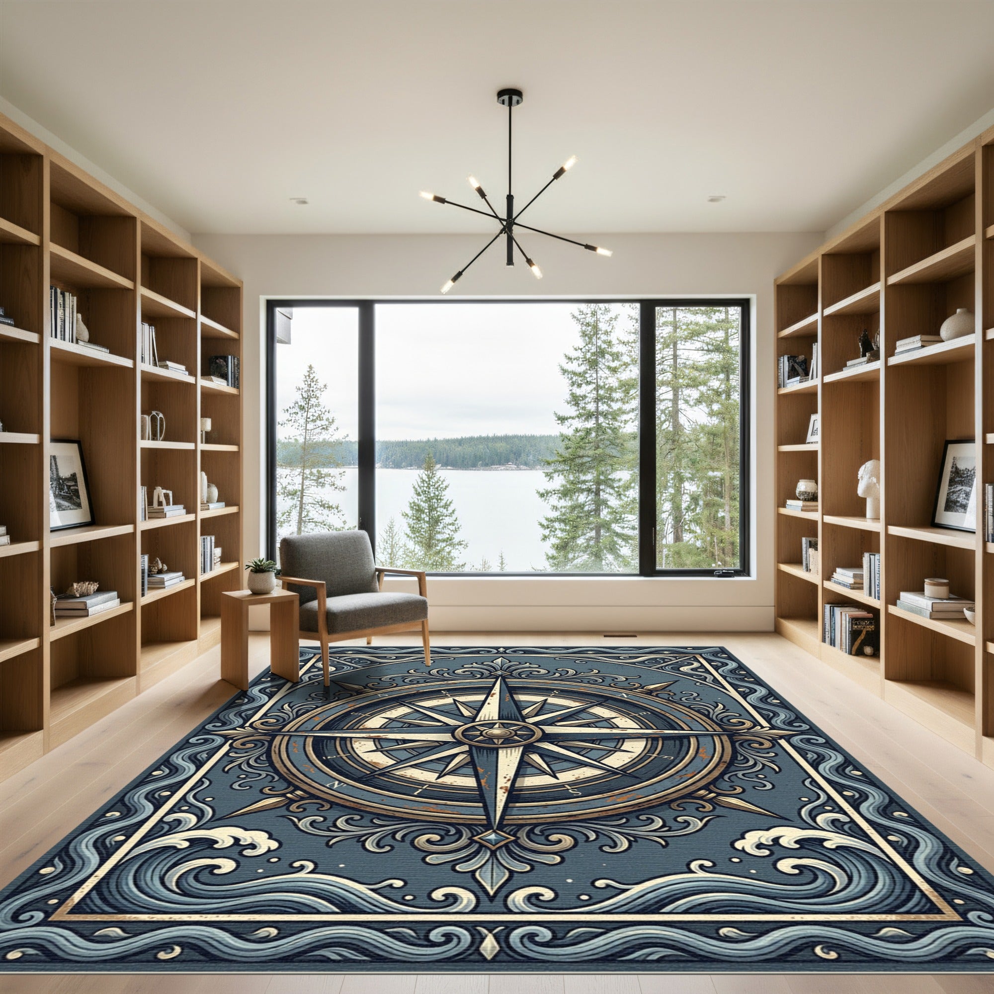 Vintage Navy Compass Nautical Wave Art Rug