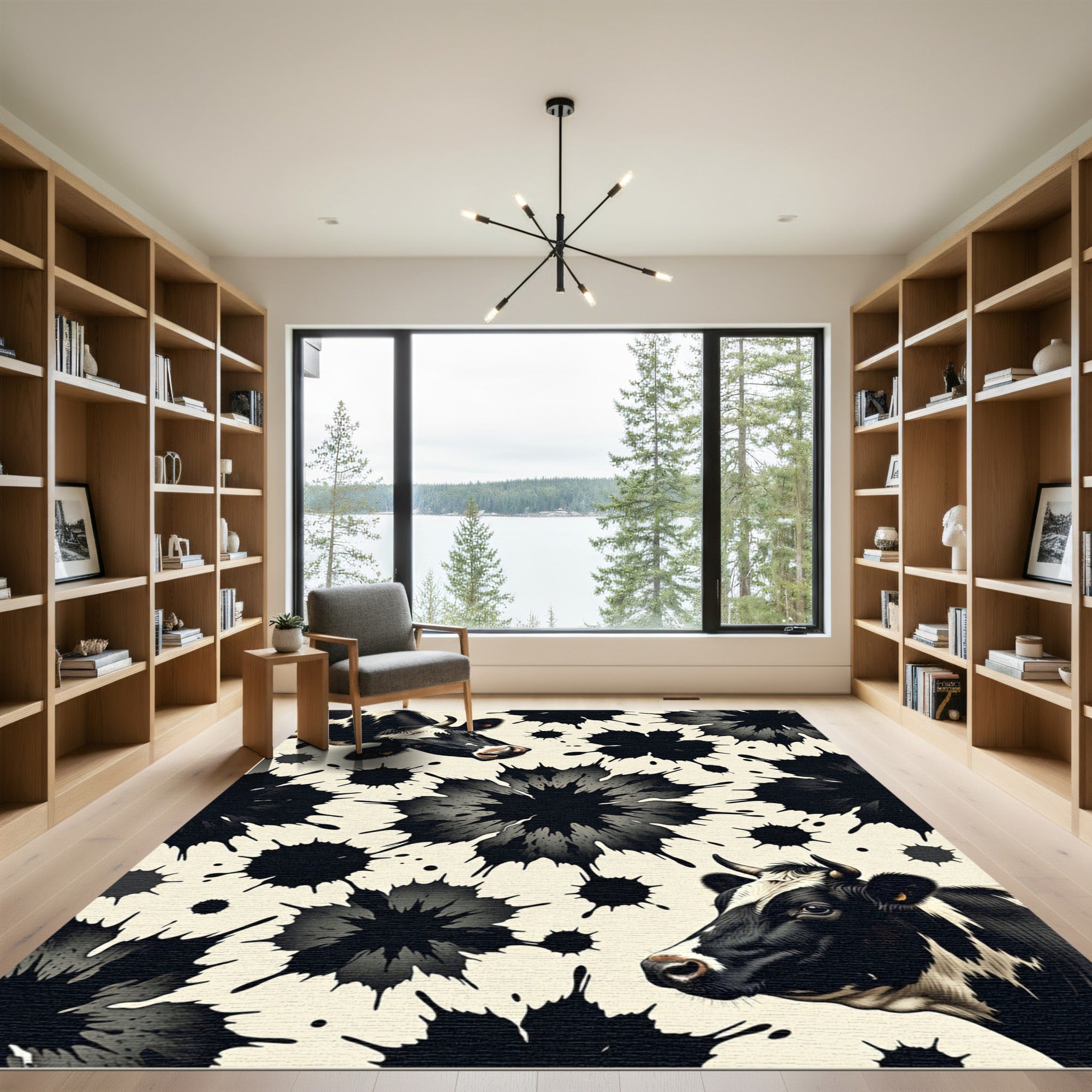 Monochrome Spotted Cow Ink Splash Illustration Rug