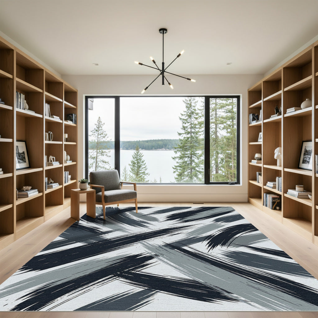 Charcoal Gray Brush Stroke Overlay Rug