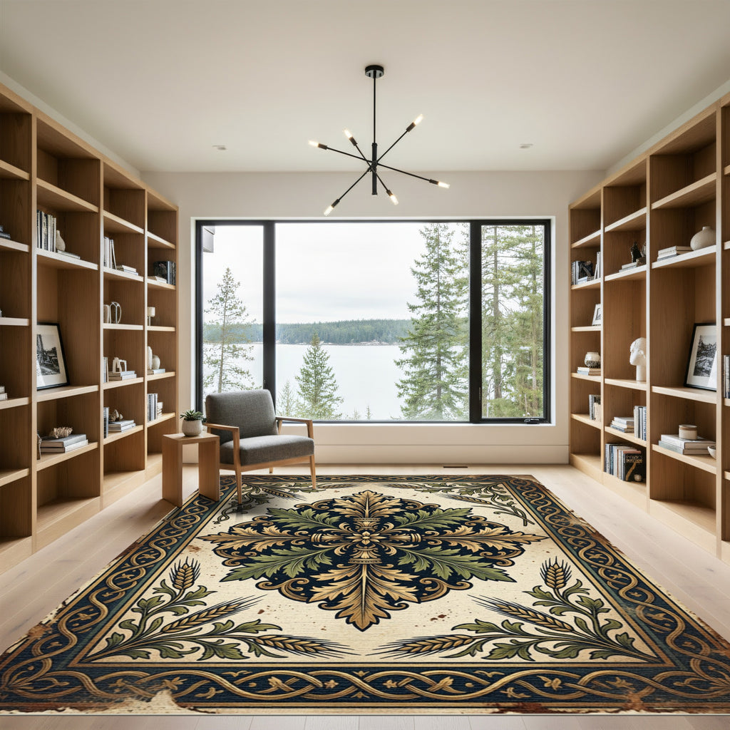 Antique Gold Green Botanical Medallion Rug