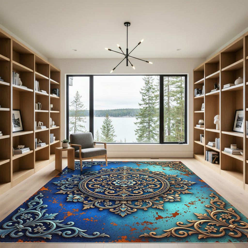 Gilded Blue Ornamental Floral Medallion Rug