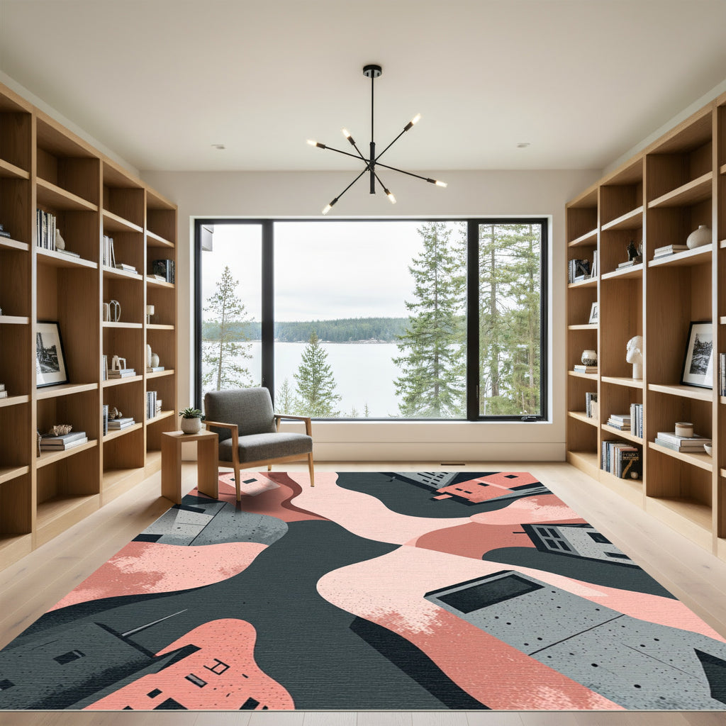 Modern Pink Textured Abstract Buildings Rug