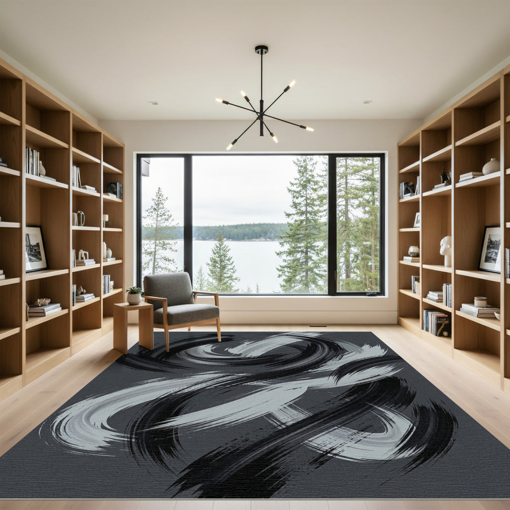 Monochrome Abstract Swirl Brushstroke Rug