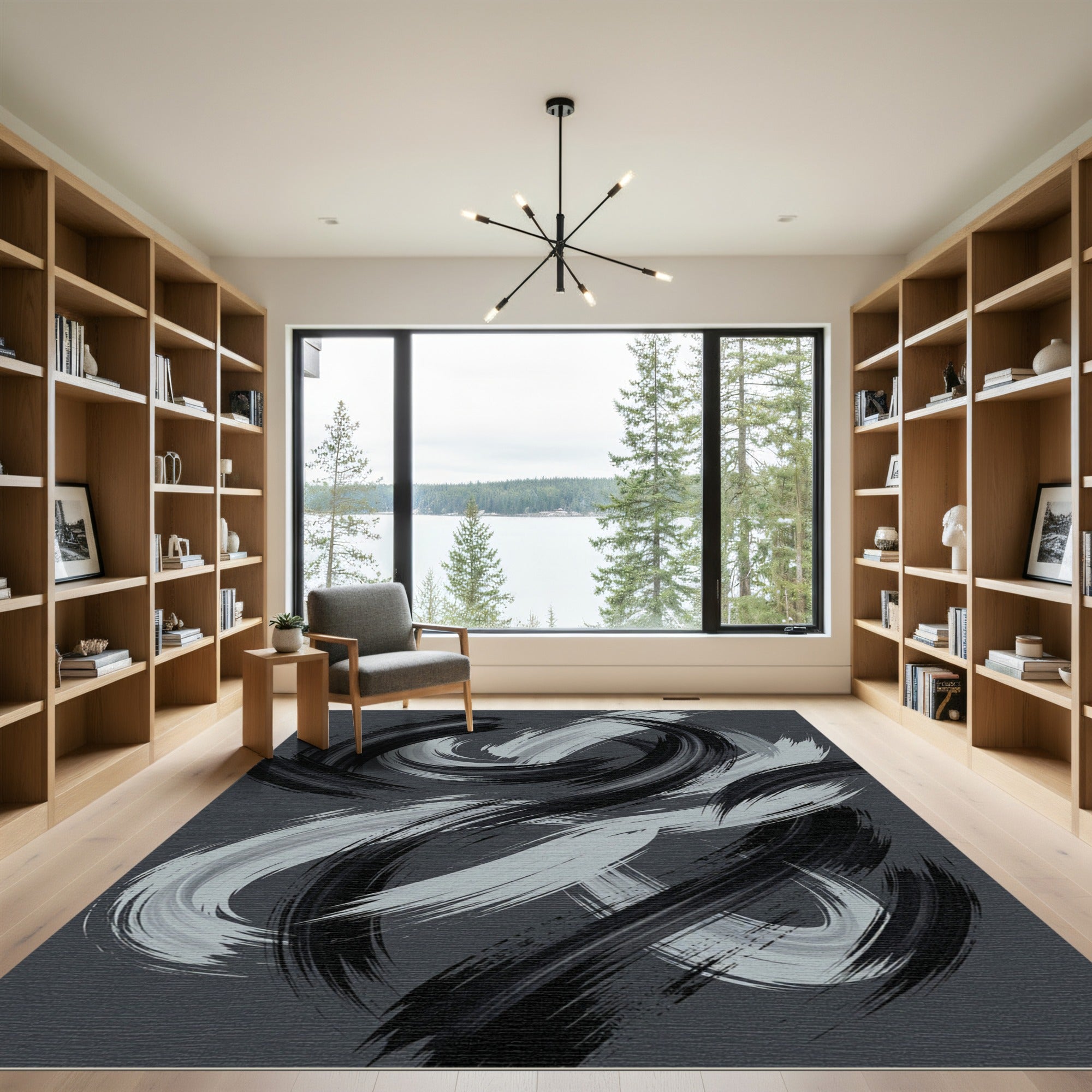 Monochrome Abstract Swirl Brushstroke Rug