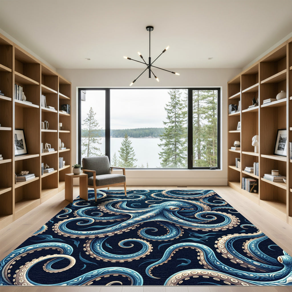 Deep Blue Intricate Octopus Swirl Rug