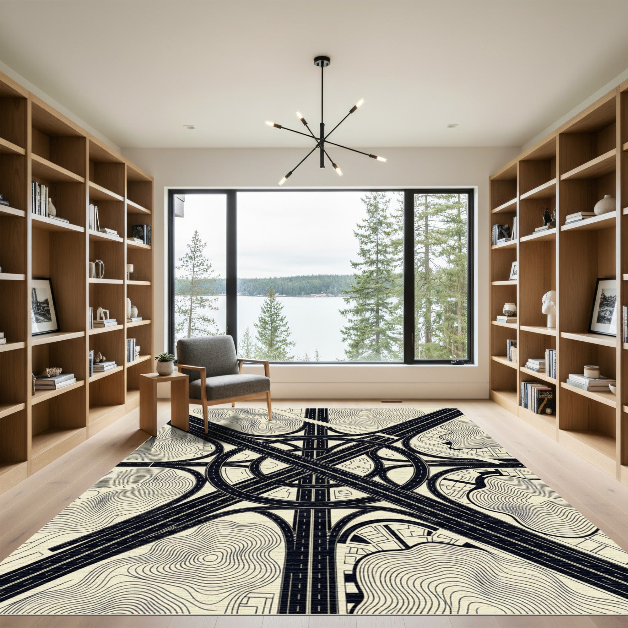 Minimalist Cream Black Infrastructure Map Rug