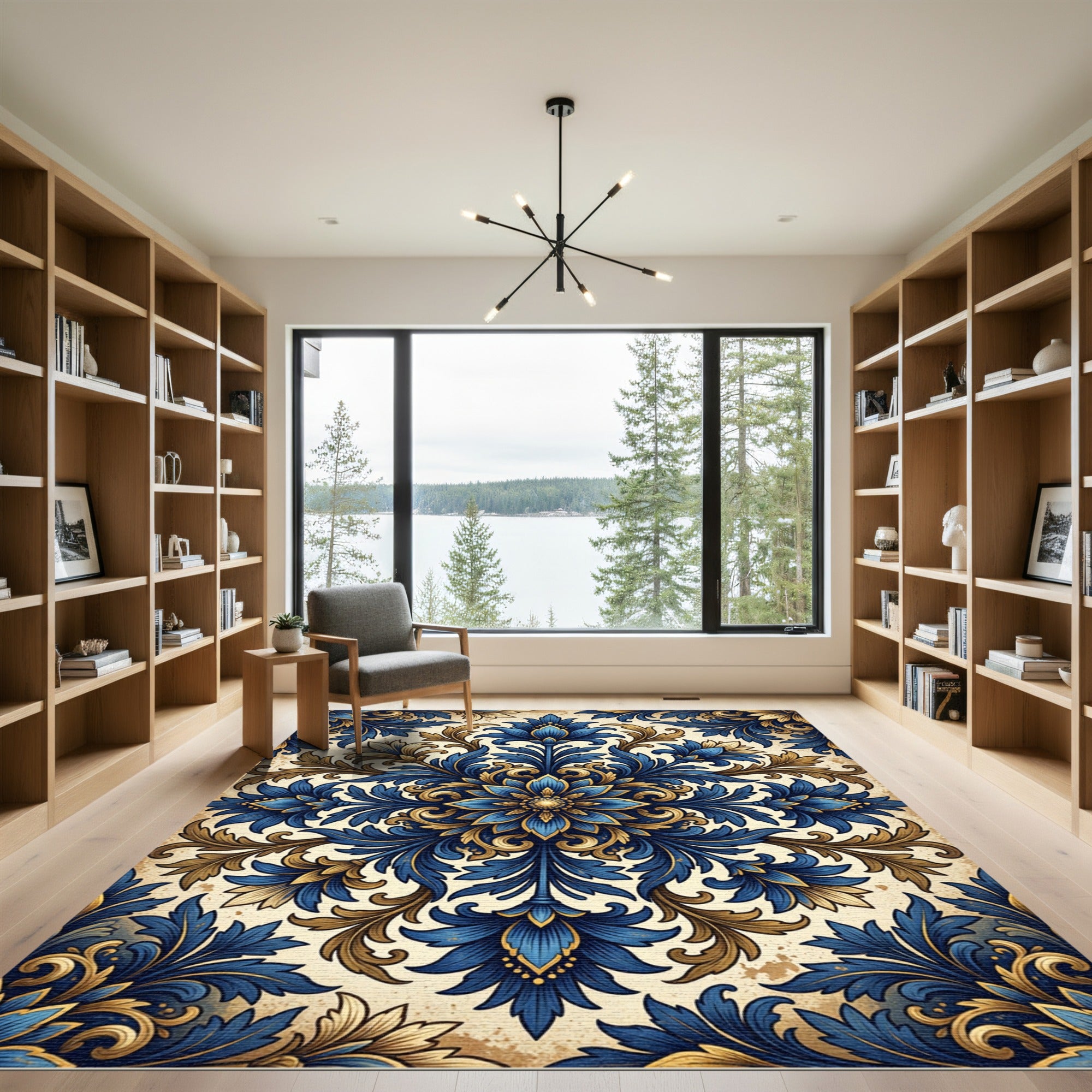 Ornate Royal Blue Gold Floral Medallion Rug