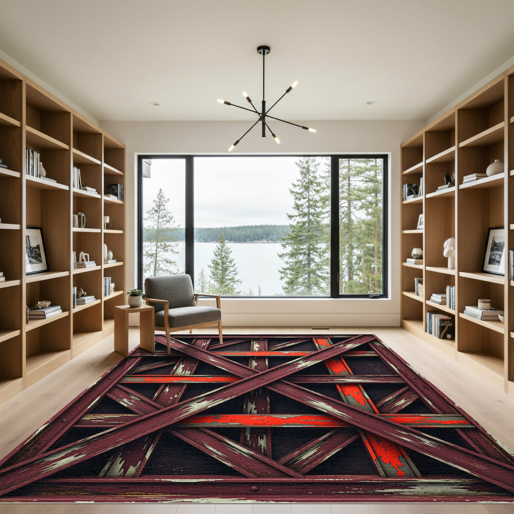 Distressed Red Crosshatch Geometric Rug