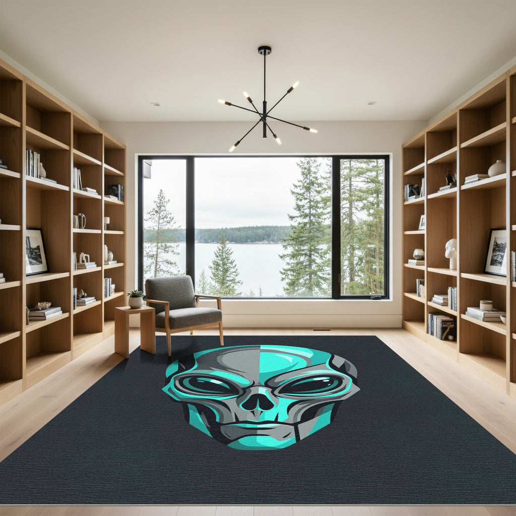 Cyan Alien Head Minimalist Grayscale Art Rug