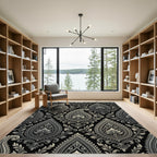 Ornate Black Silver Paisley Floral Rug