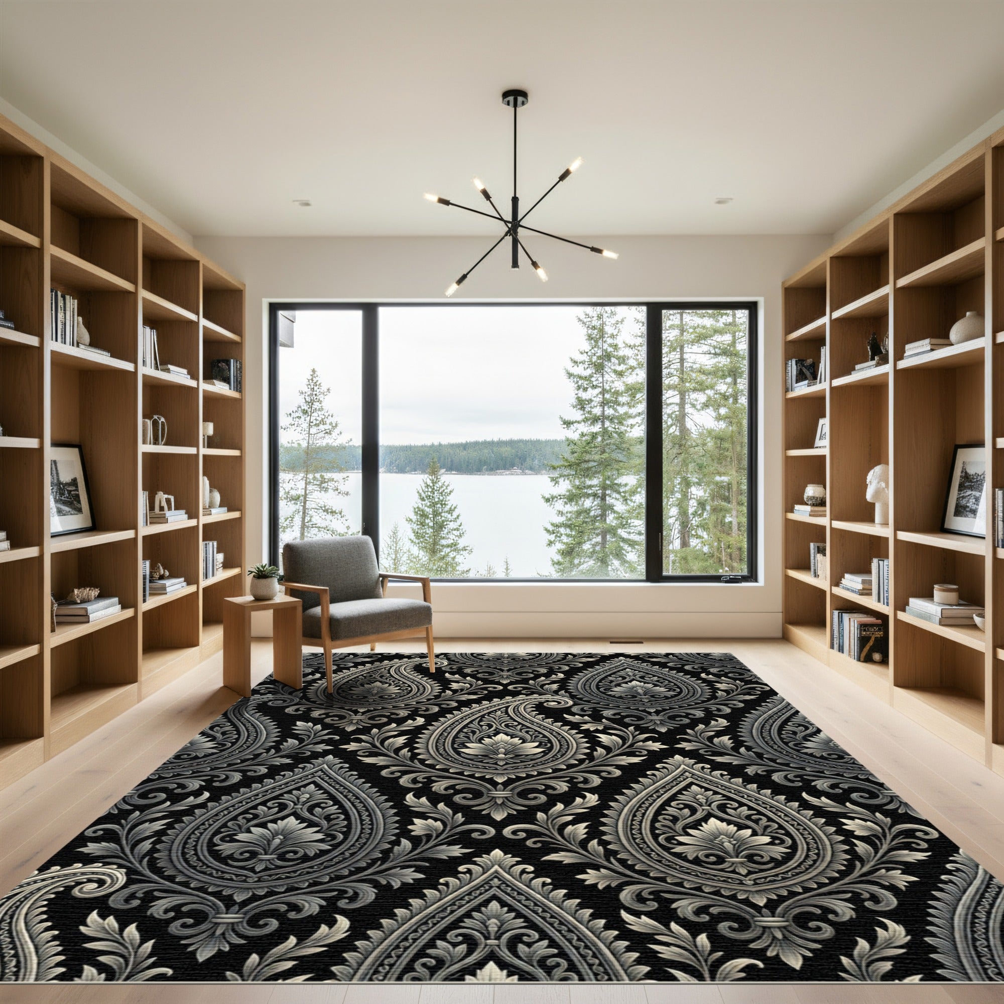 Ornate Black Silver Paisley Floral Rug