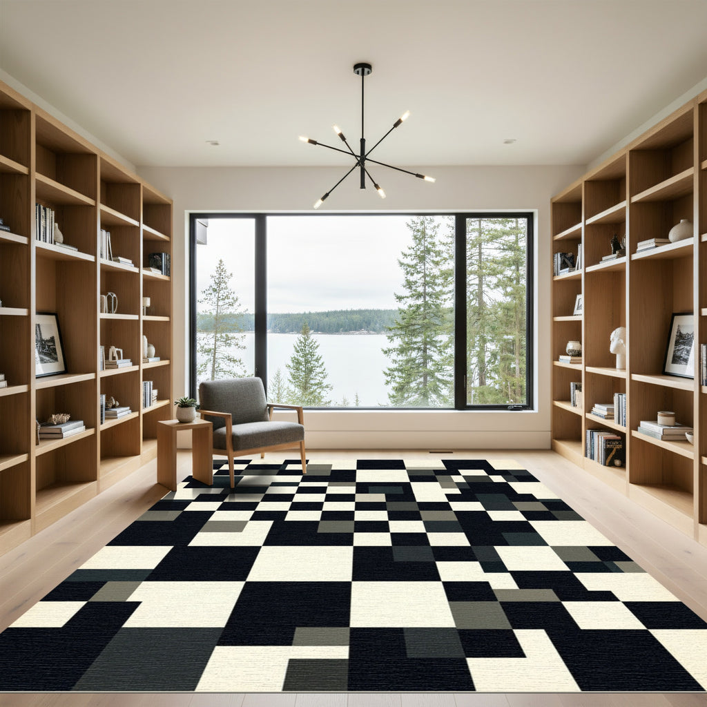 Monochrome Abstract Geometric Block Squares Rug