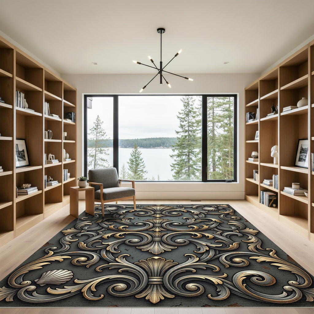 Ornate Metallic Baroque Scrolled Filigree Rug