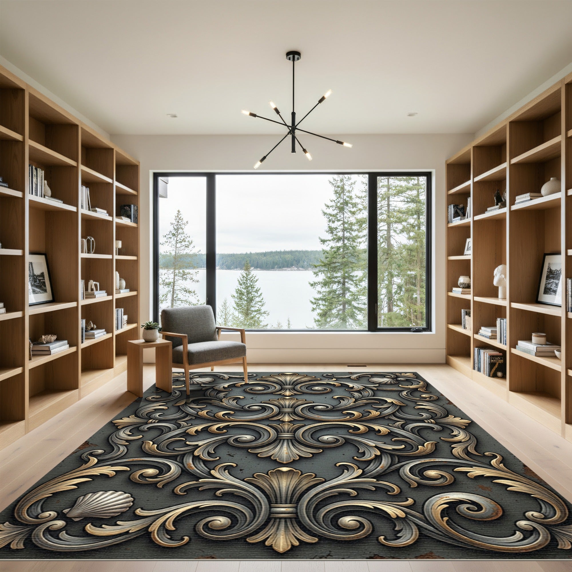 Ornate Metallic Baroque Scrolled Filigree Rug