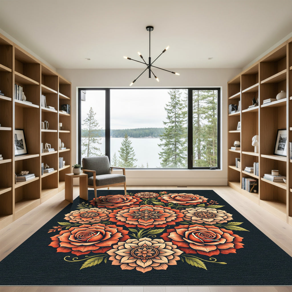 Vibrant Orange Floral Mandala Arrangement Rug