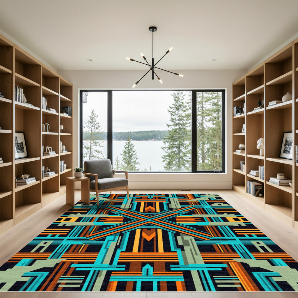 Geometric Teal and Orange Art Deco Abstract Rug
