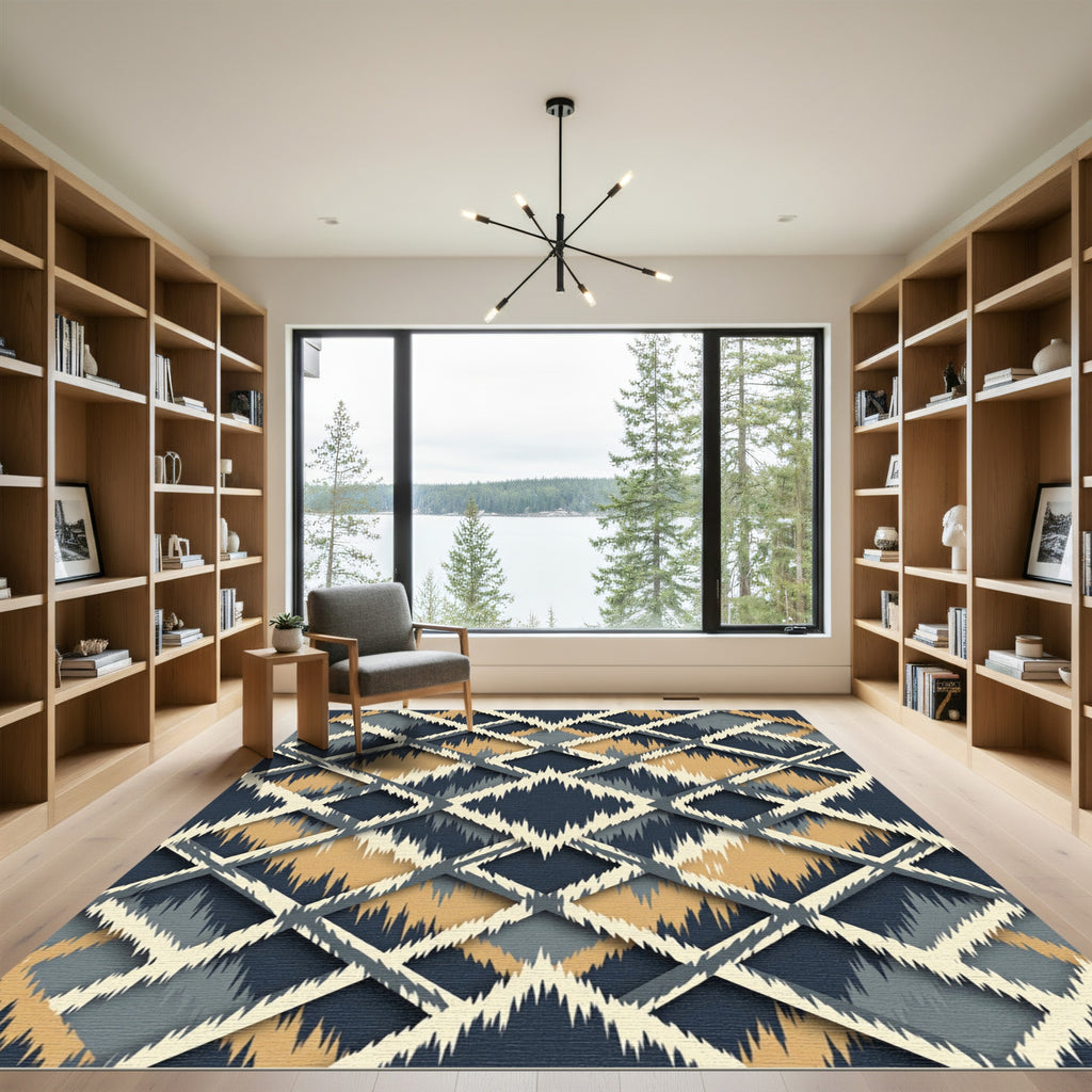 Navy Golden Diamond Lattice Rug