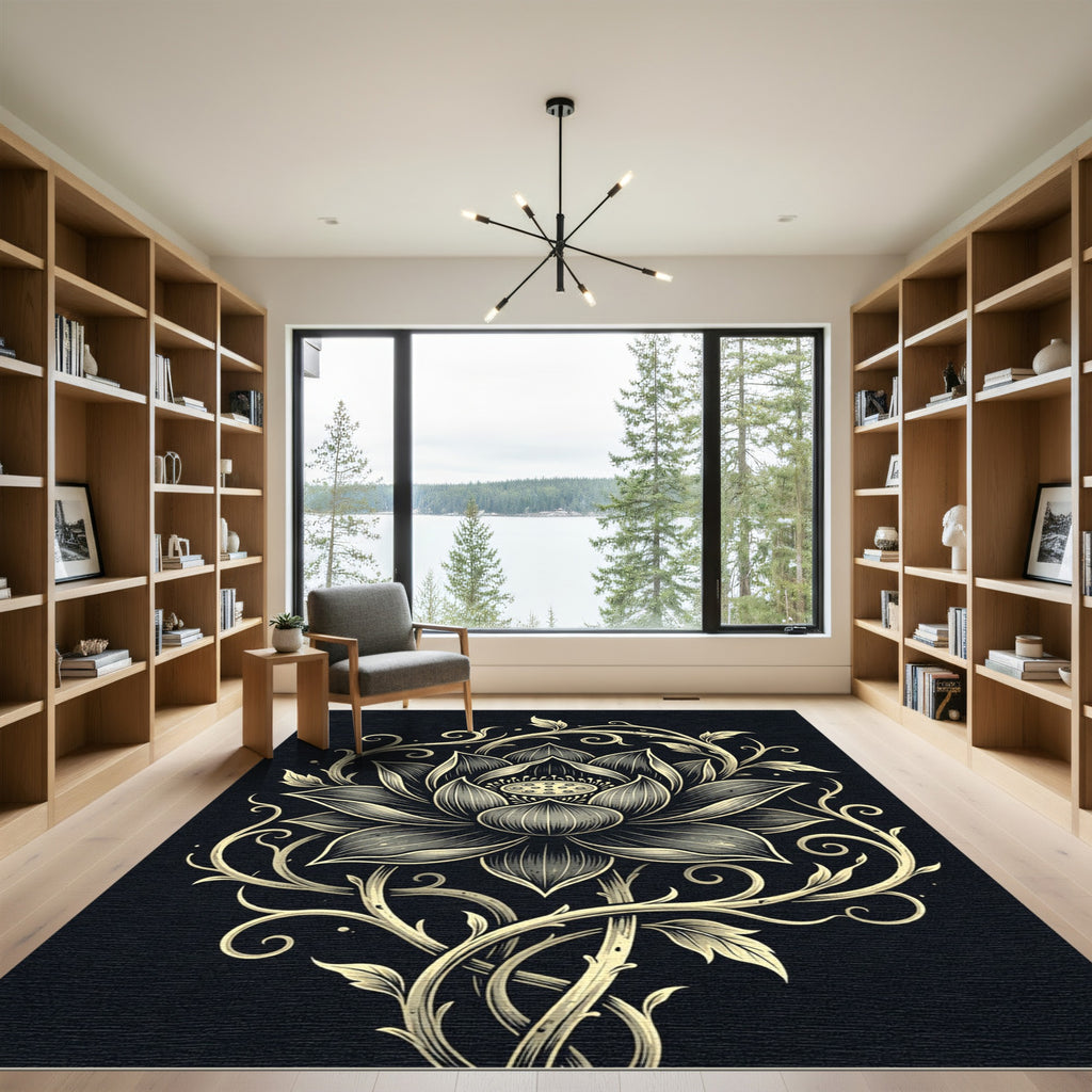 Ornate Golden Lotus Flower Arrangement Rug