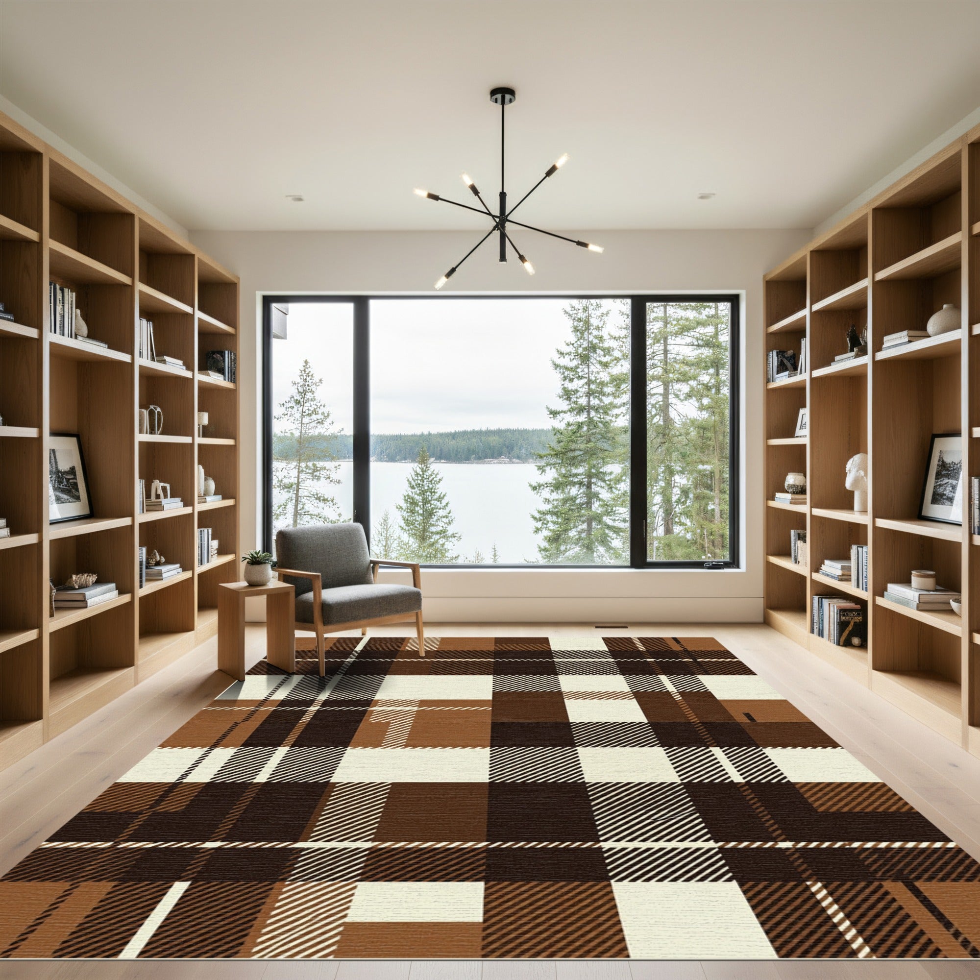 Brown Cream Plaid Checkered Overlay Rug