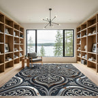 Ornate Silver Victorian Filigree Damask Rug