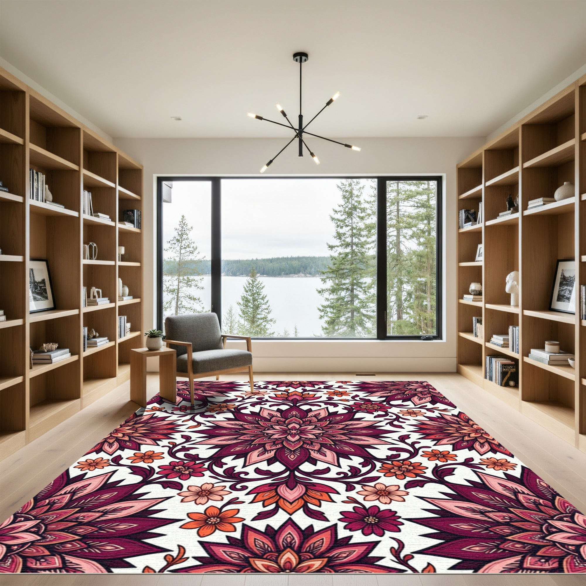 Crimson Orchid Floral Mandala Rug