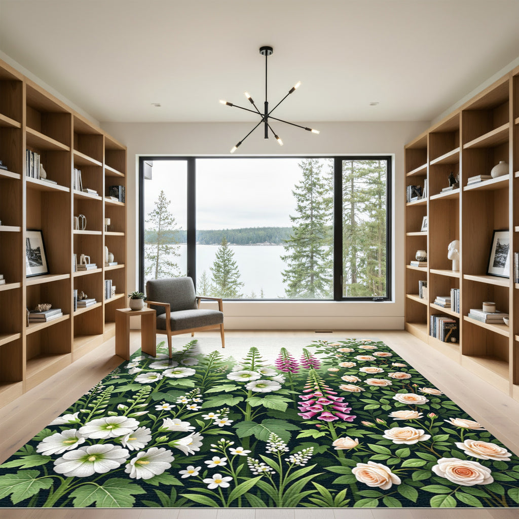 Whimsical Garden Bloom Rose Hollyhock Rug