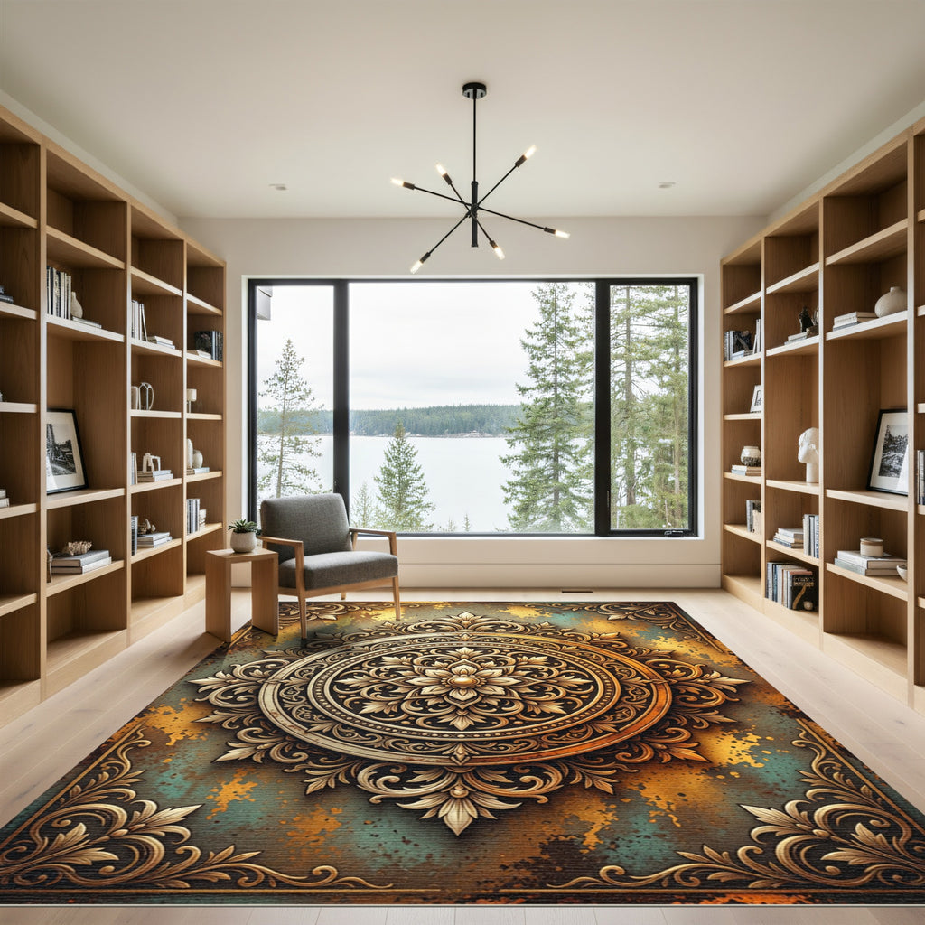 Ornate Golden Floral Medallion Artifact Rug