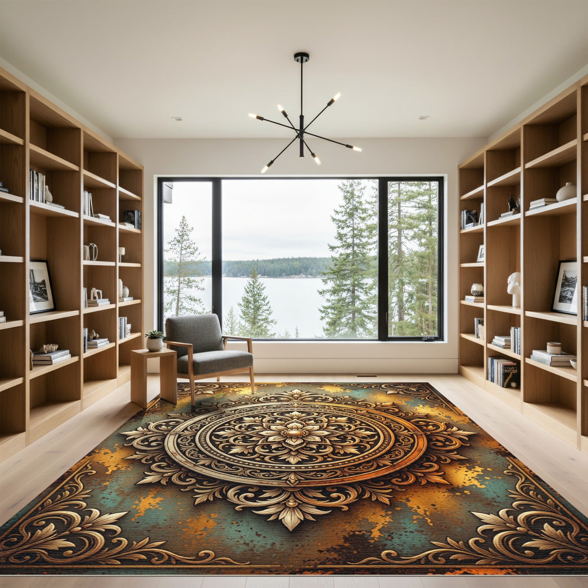 Ornate Golden Floral Medallion Artifact Rug