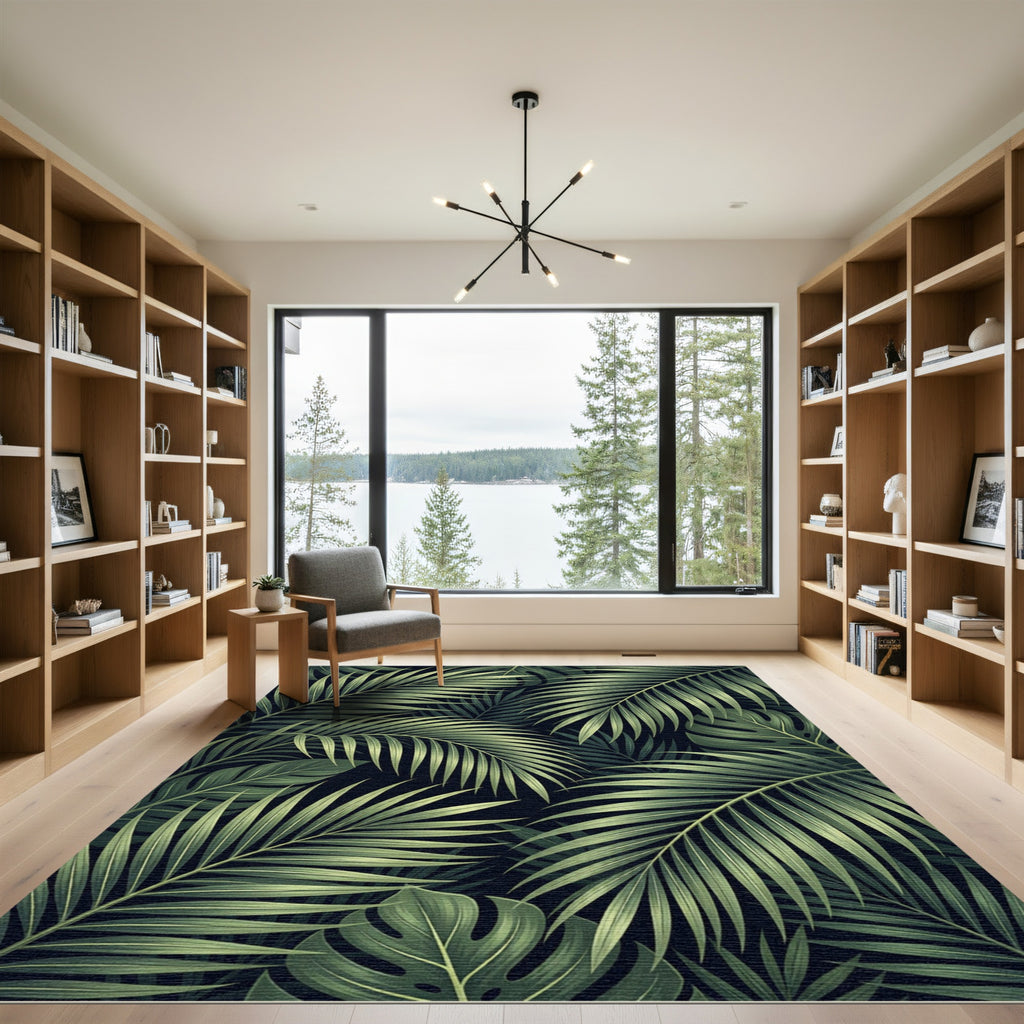 Verdant Palm Frond Dark Ambient Rug