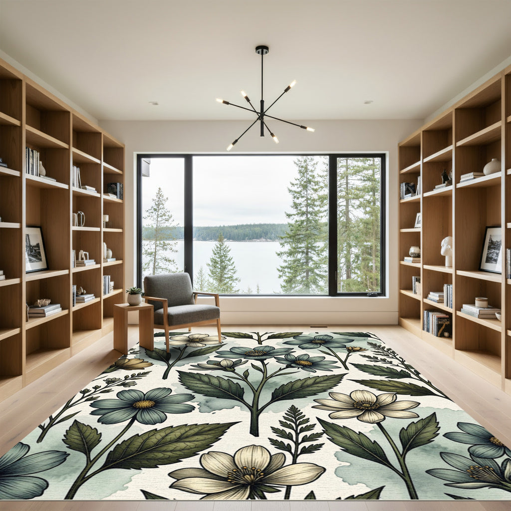 Botanical Sage and Cream Floral Illustration Rug