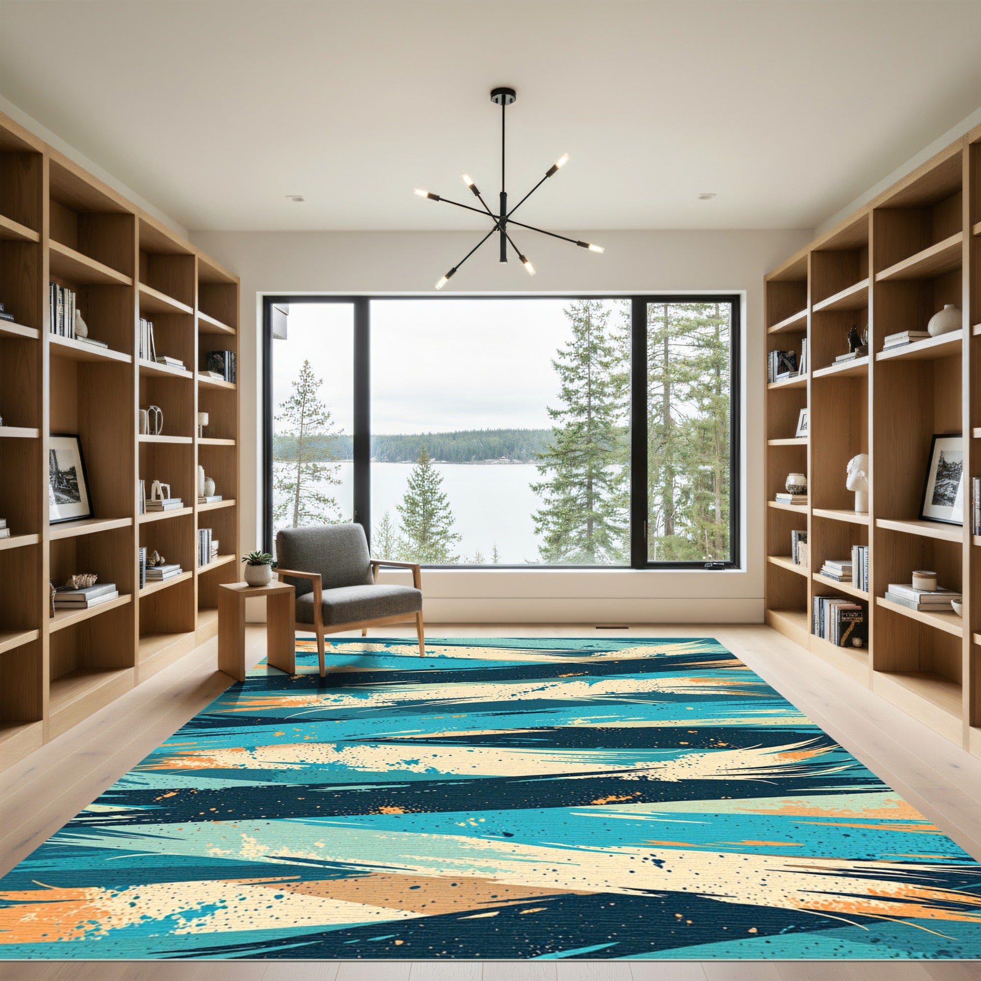 Abstract Teal and Ochre Brushstrokes Rug