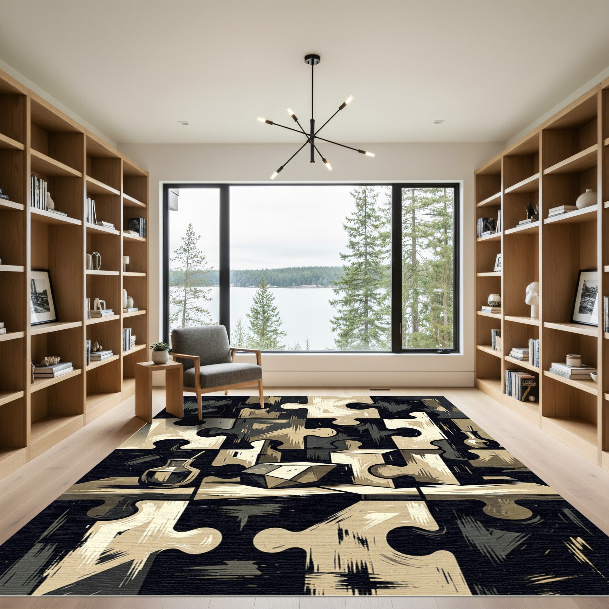 Monochromatic Abstract Geometric Jigsaw Puzzle Rug