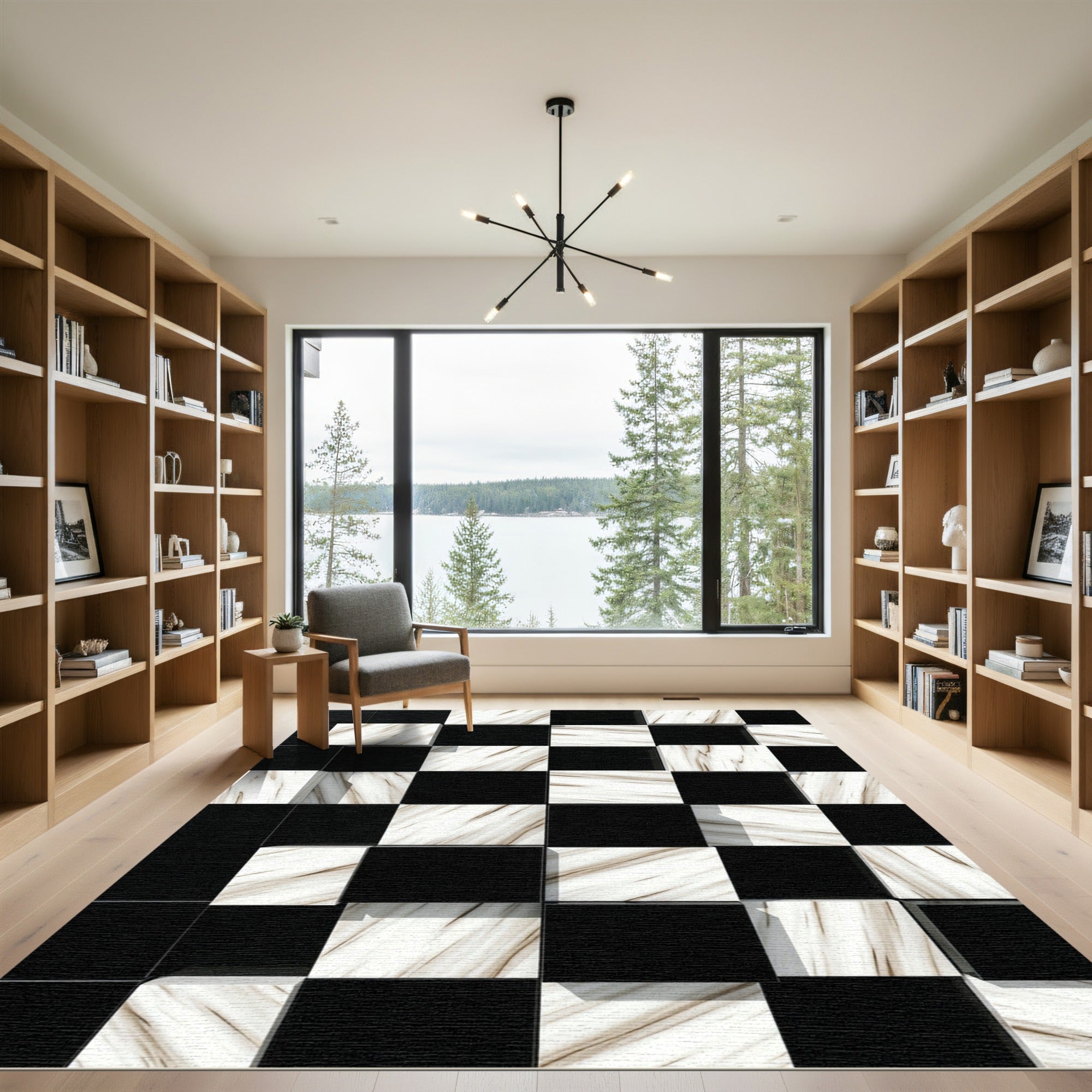 Black White Marble Checkered Illusion Rug