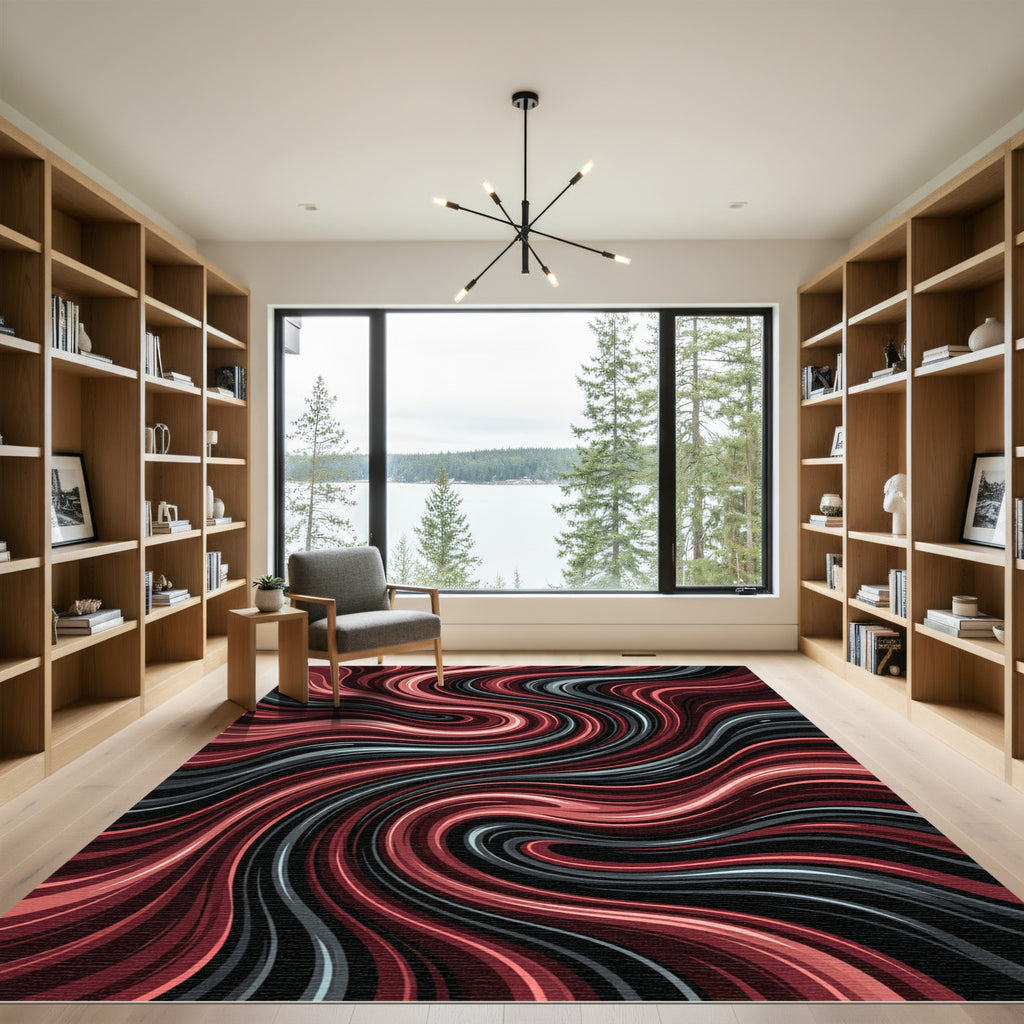 Crimson and Charcoal Abstract Flowing Wave Rug