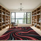 Crimson and Charcoal Abstract Flowing Wave Rug