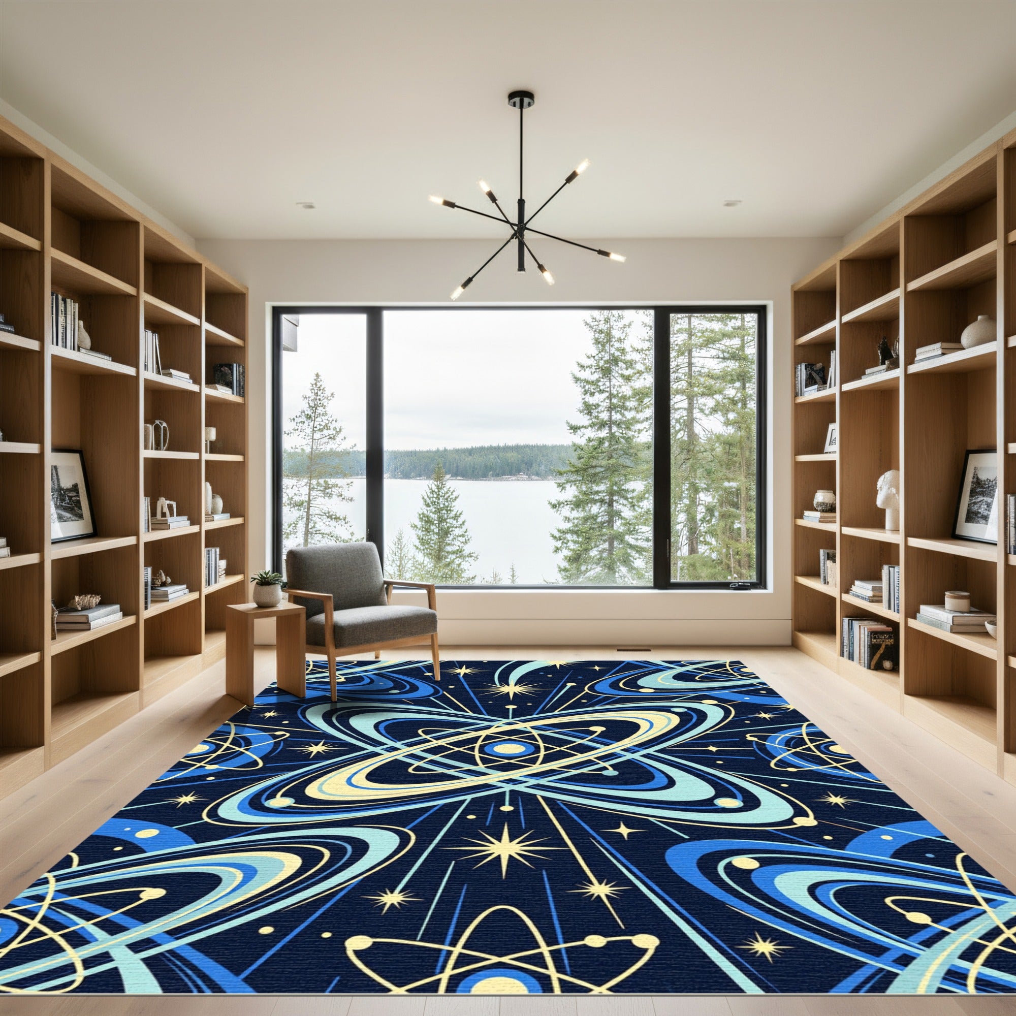 Atomic Blue Yellow Starburst Swirl Rug