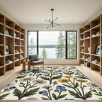 White Blue Yellow Floral Garden Arrangement Rug