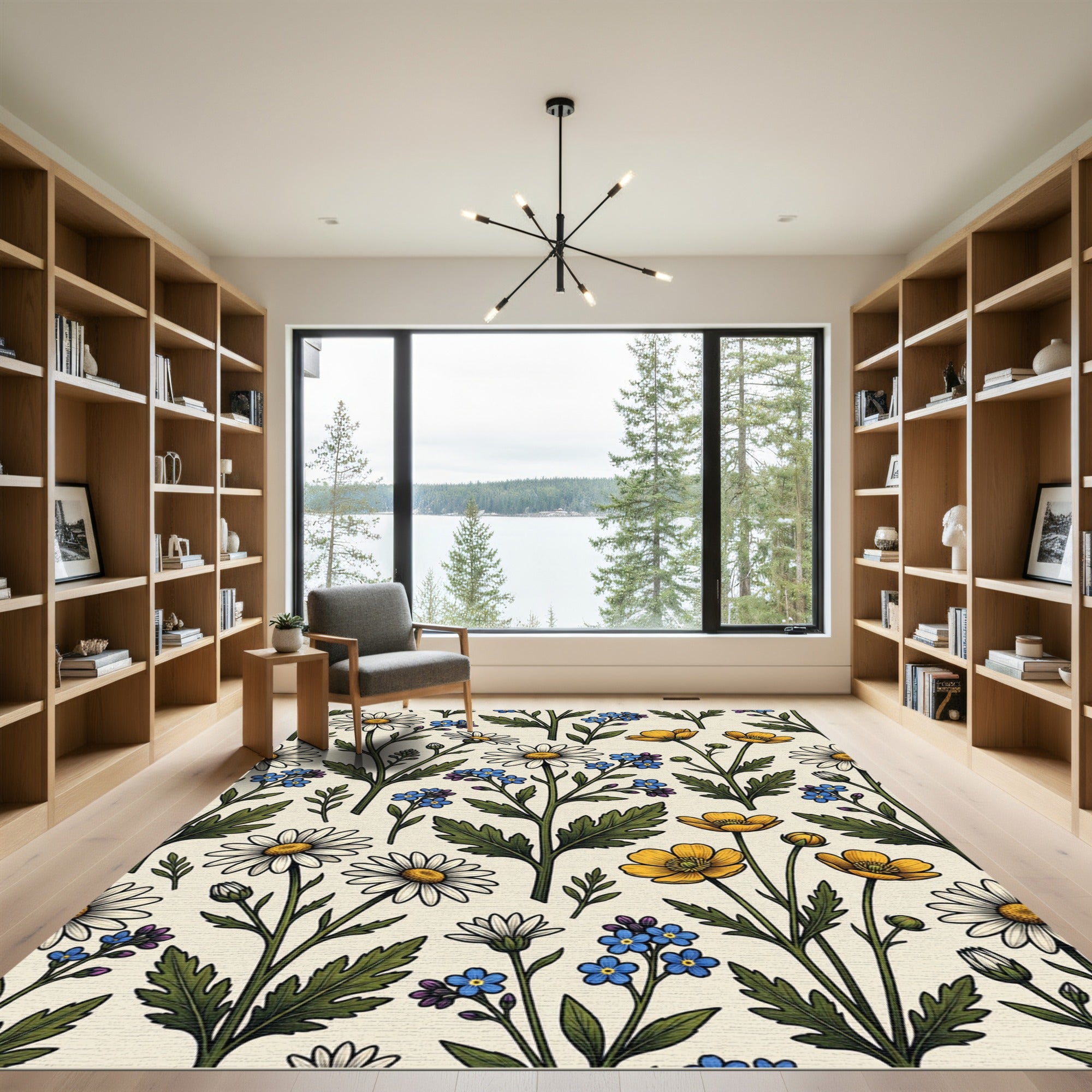 White Blue Yellow Floral Garden Arrangement Rug