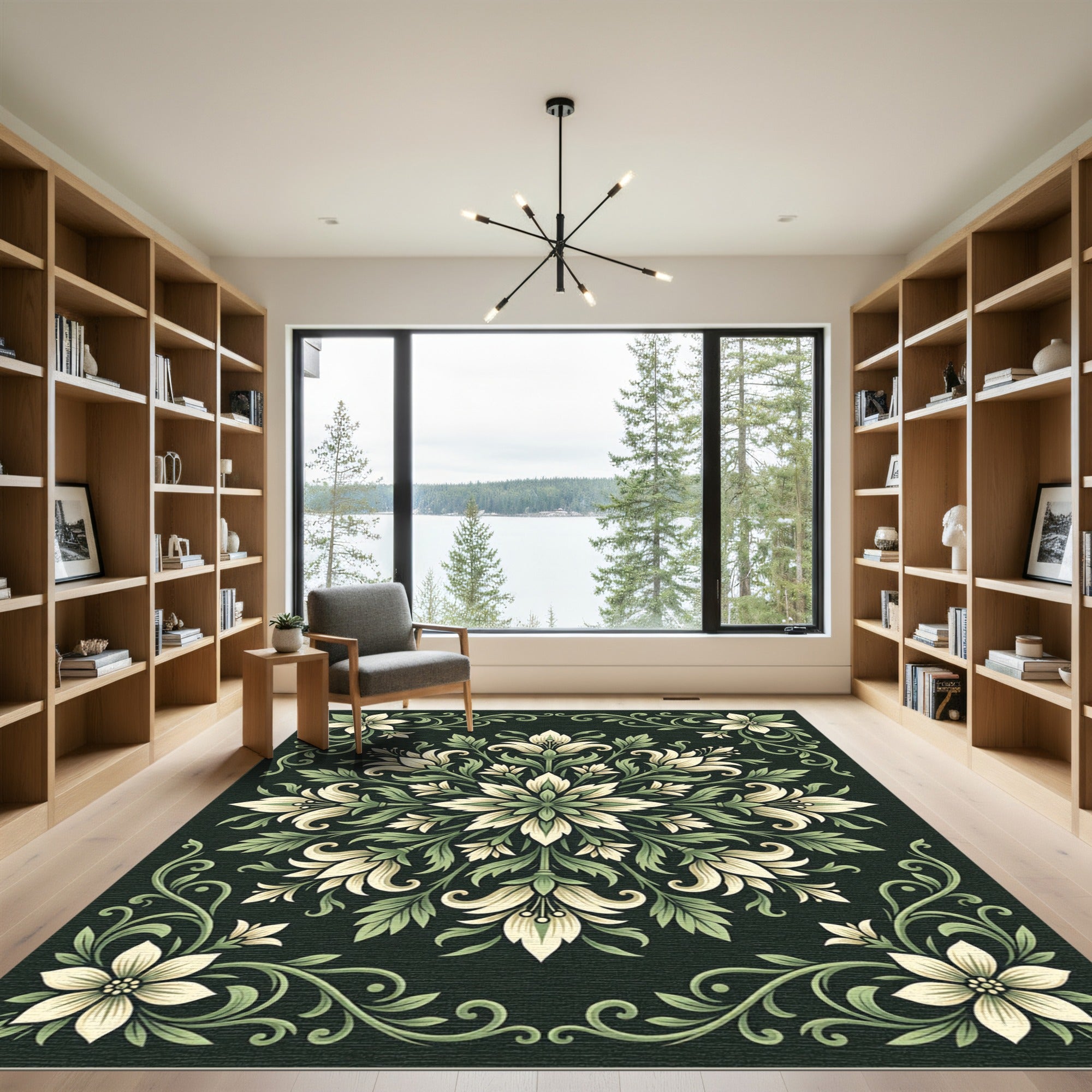 Elegant Cream and Sage Botanical Medallion Rug