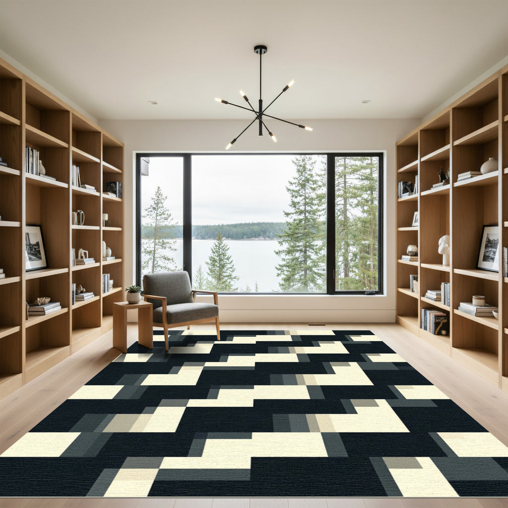 Modern Black And Cream Geometric Rug