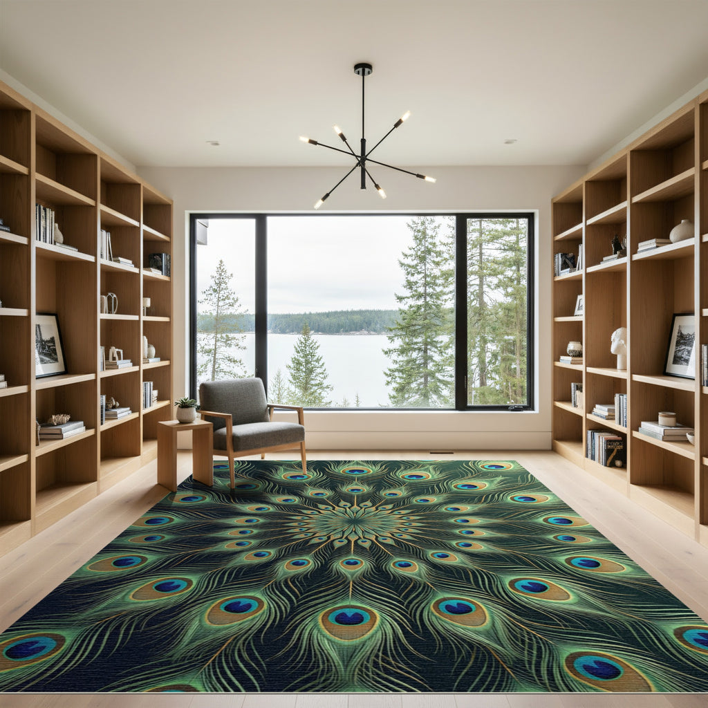Elegant Emerald Peacock Feather Mandala Rug