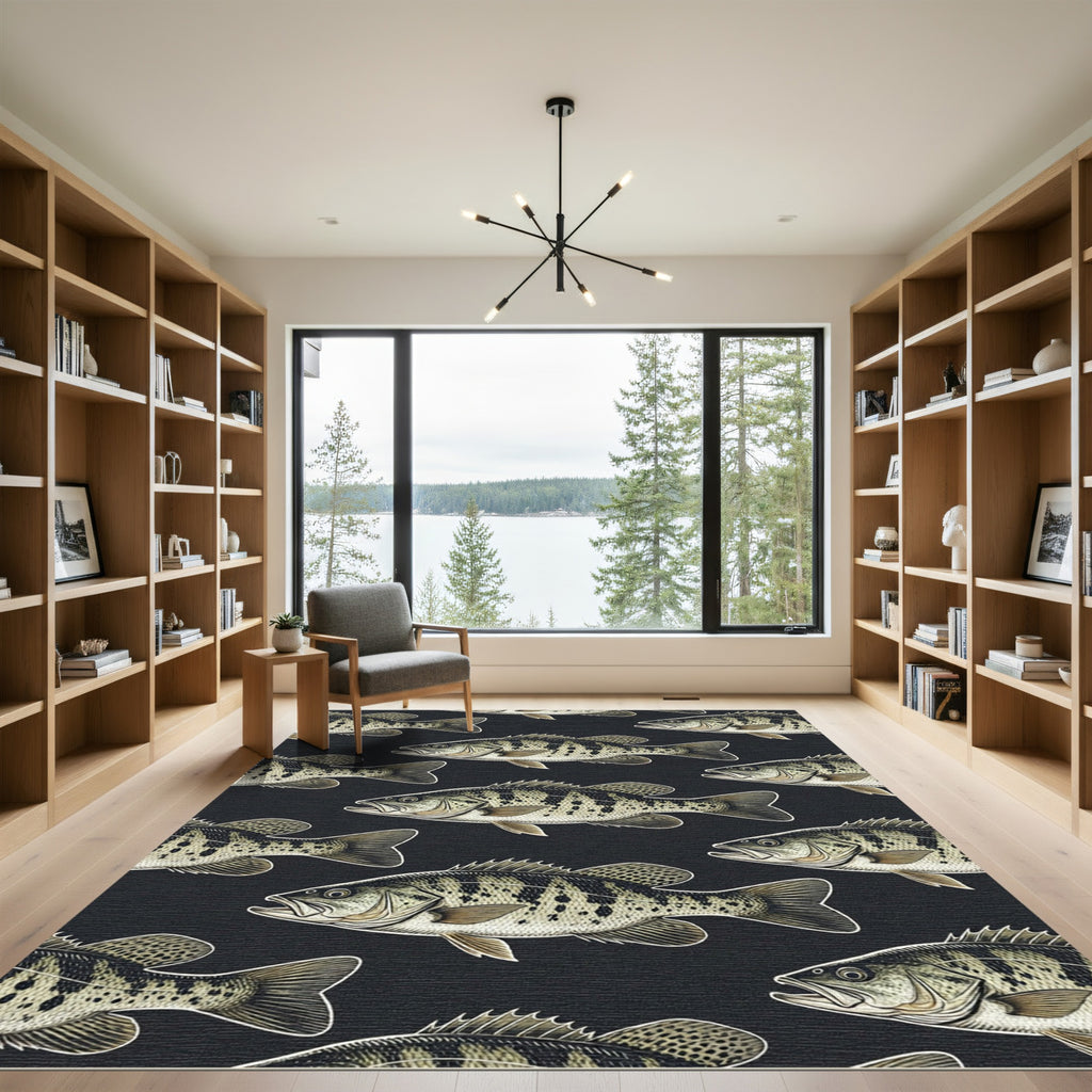 Large Scale Black Bass Fish School Rug