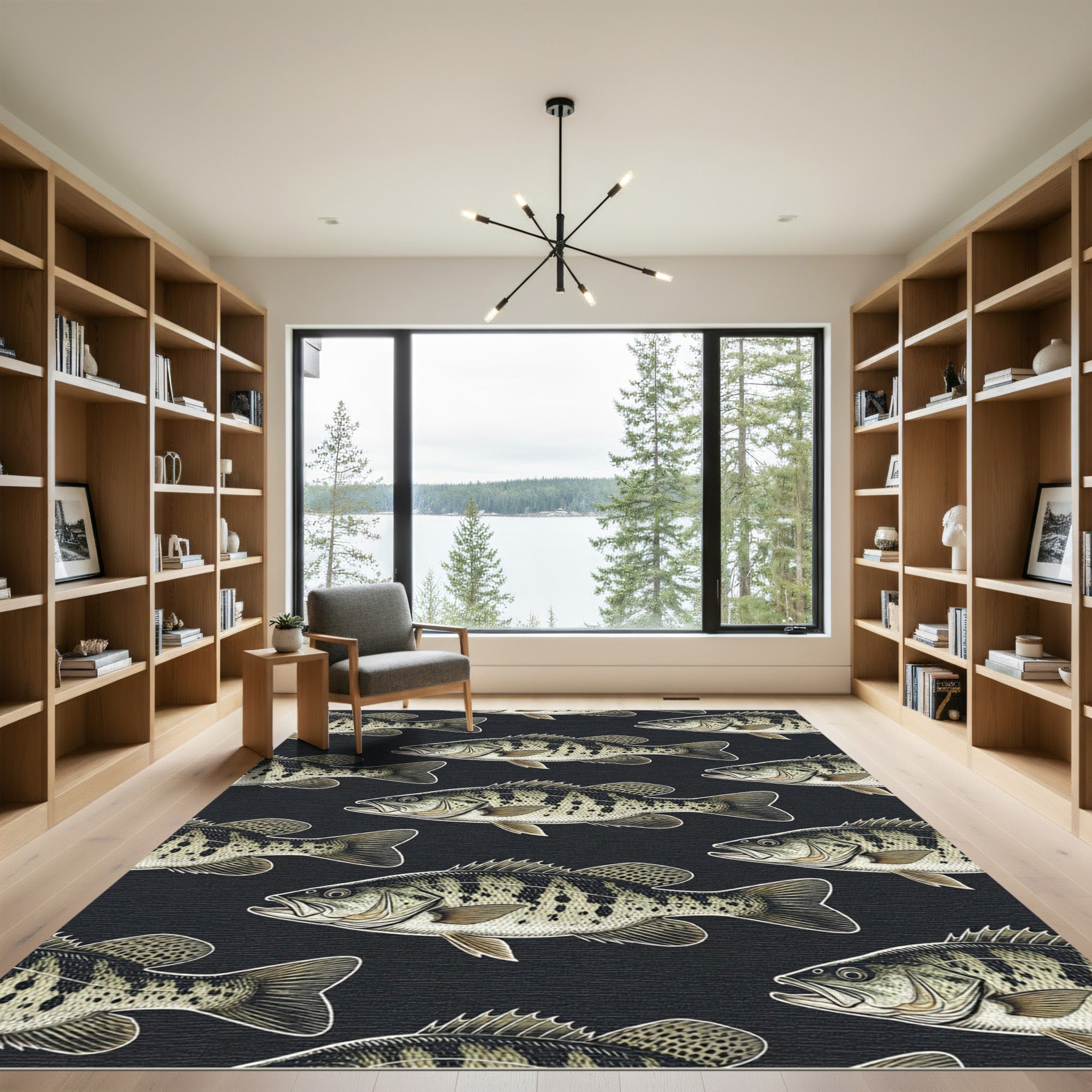 Large Scale Black Bass Fish School Rug
