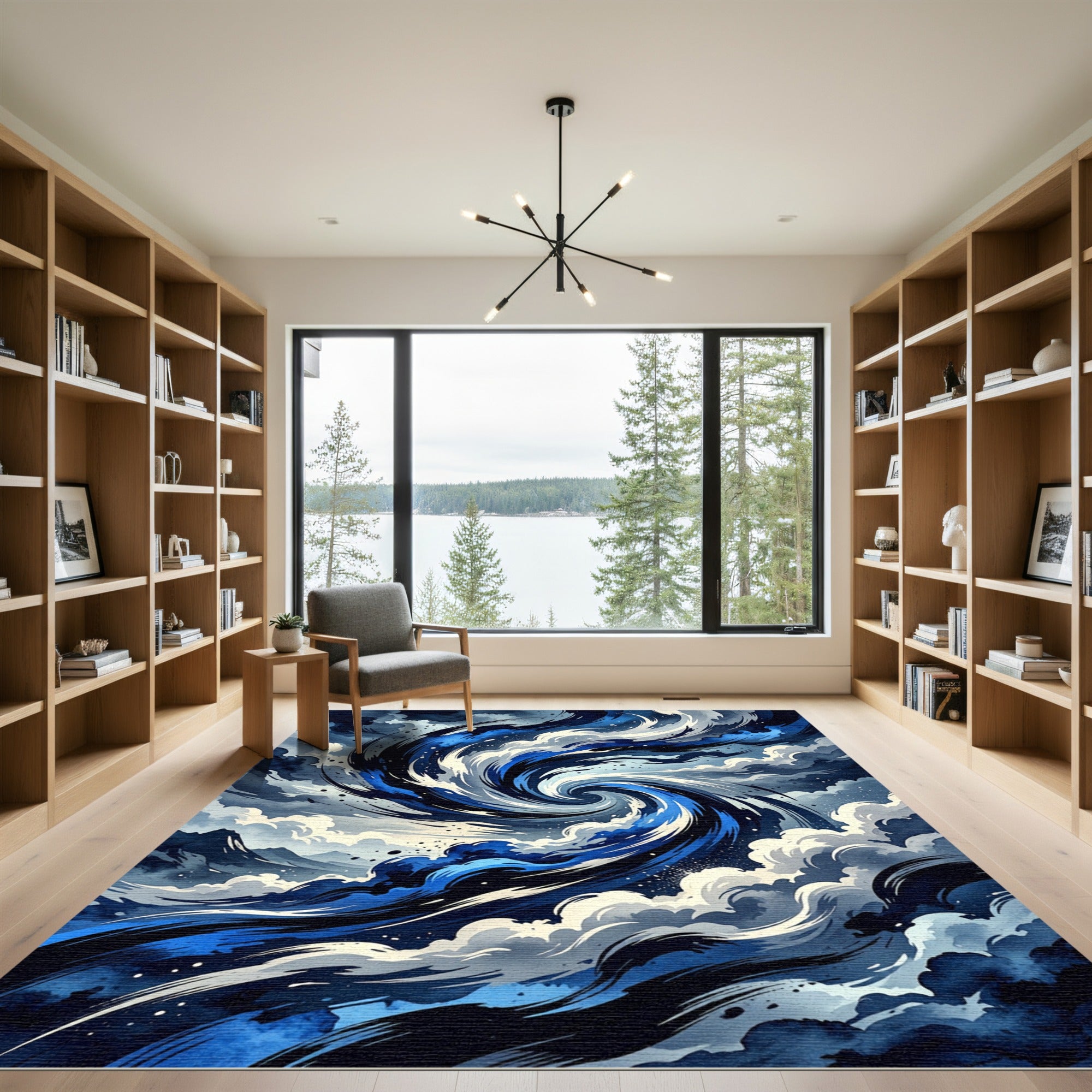 Deep Blue Swirl Watercolor Abstract Rug